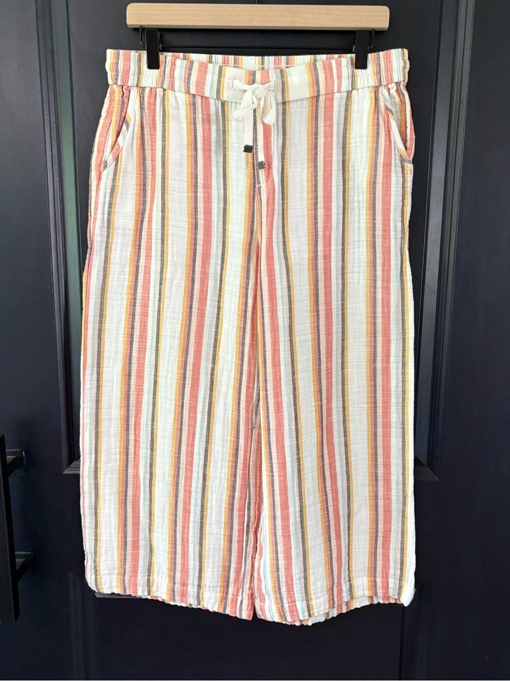 Style & Co. Striped Elastic Waist Casual Wide Leg Cropped Pants 100% Cotton
